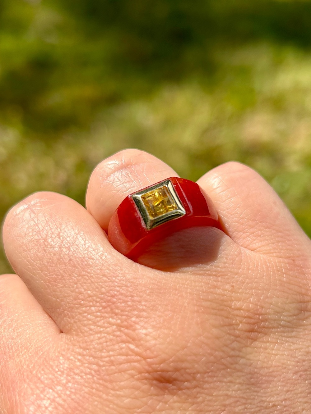 Red Gemstone Ring w 14k Gold Bezel and Yellow Stone